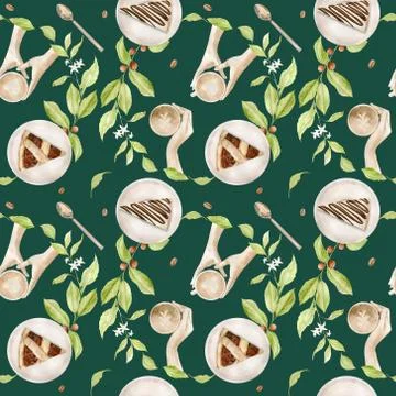 Watercolor seamless pattern with illustrations of coffee cup, coffee beans Illustrazione stock