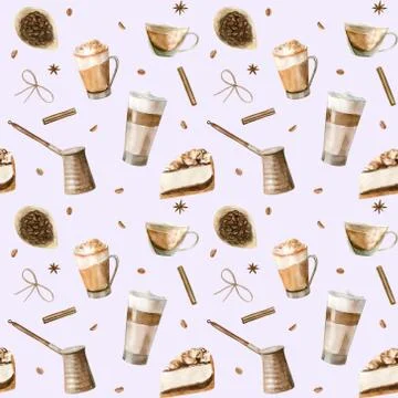 Watercolor seamless pattern with illustrations of coffee cup, coffee beans, c Illustrazione stock