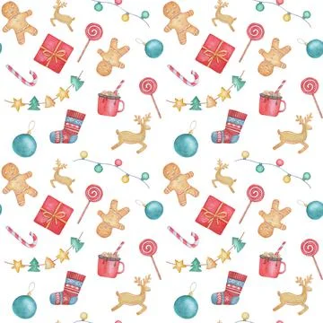 Watercolor Seamless pattern isolated on white background. Christmas cute イラスト素材