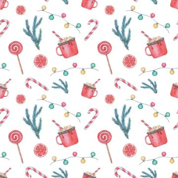 Watercolor Seamless pattern isolated on white background. Christmas cute Illustrazione stock