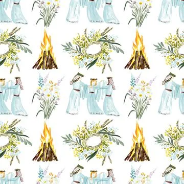 Watercolor seamless pattern - Ivan Kupala holiday, festival Stock Illustration