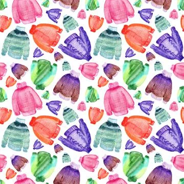 Watercolor seamless pattern with knitted multicolored sweaters Stock Illustration