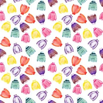 Watercolor seamless pattern with knitted multicolored sweaters Stock Illustration