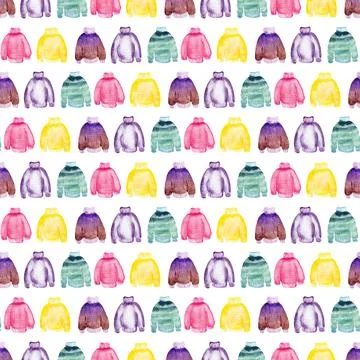 Watercolor seamless pattern with knitted multicolored sweaters Stock Illustration