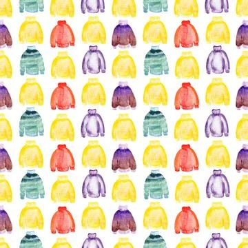 Watercolor seamless pattern with knitted multicolored sweaters Stock Illustration