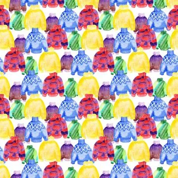 Watercolor seamless pattern with knitted multicolored sweaters Stock Illustration