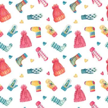 Watercolor seamless pattern with  knitted warm clothes. Stock Illustration