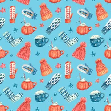 Watercolor seamless pattern with  knitted warm clothes on blue. Stock Illustration