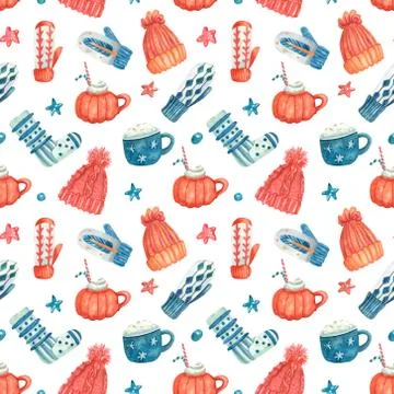 Watercolor seamless pattern with  knitted warm clothes, hot coffee drinks. Stock Illustration