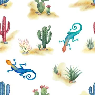 Watercolor seamless pattern of landscape with lizard and cacti isolated on white Stock Illustration