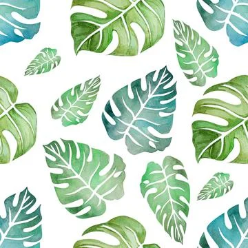 Watercolor seamless pattern with leaves of monstera Stock Illustration