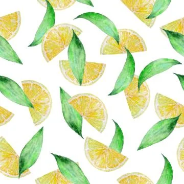 Watercolor seamless pattern lemon slices with leaves Illustrazione stock
