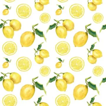Watercolor seamless pattern with lemons. Hand painted citrus ornament on white Stock Illustration