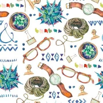 Watercolor seamless pattern of lifestyle objects. Illustrazione stock