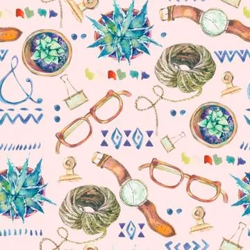 Watercolor seamless pattern of lifestyle objects. Illustrazione stock