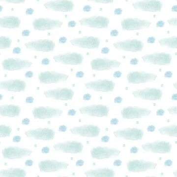 Watercolor seamless pattern with light turquoise clouds on white. Stock Illustration