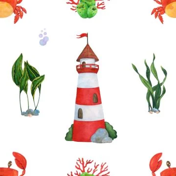 Watercolor seamless pattern with lighthouse crab and seaweed. Stock Illustration