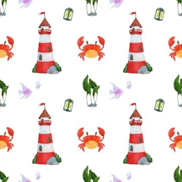 Watercolor seamless pattern with lighthouse crab and seaweed. Stock Illustration