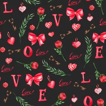 Watercolor seamless pattern of love elements, hearts, letters, arrow, bunti.. 스톡 일러스트