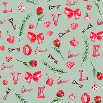 Watercolor seamless pattern of love elements, hearts, letters, arrow, bunting Stock Illustration