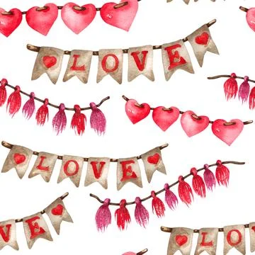 Watercolor seamless pattern of love elements, hearts, letters, arrow, bunting Stock Illustration