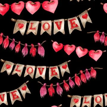 Watercolor seamless pattern of love elements, hearts, letters, arrow, bunting Stock Illustration