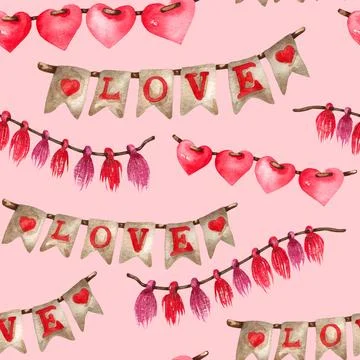 Watercolor seamless pattern of love elements, hearts, letters, arrow, bunting Illustrazione stock