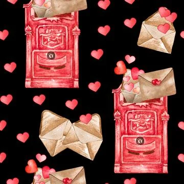 Watercolor seamless pattern of love elements, hearts, letters, arrow, bunting Illustrazione stock