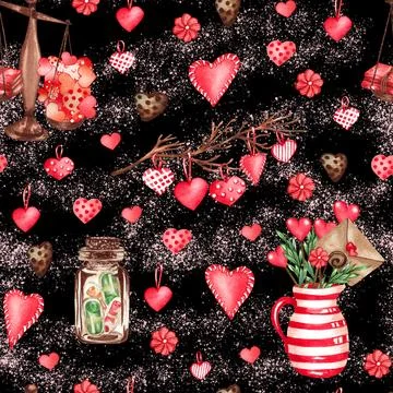 Watercolor seamless pattern of love elements, hearts, letters, arrow, bunting Stock Illustration