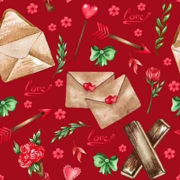 Watercolor seamless pattern of love elements, hearts, letters, arrow, bunti.. Stock Illustration