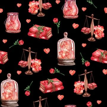 Watercolor seamless pattern of love elements, hearts, letters, arrow, bunting Stock Illustration