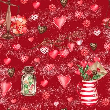 Watercolor seamless pattern of love elements, hearts, letters, arrow, bunt... Stock Photos