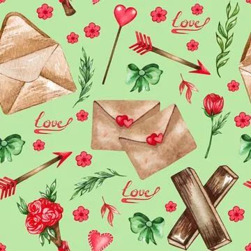 Watercolor seamless pattern of love elements, hearts, letters, arrow, bunt... Stock Photos