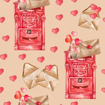 Watercolor seamless pattern of love elements, hearts, letters, arrow, bunt... Stock Photos