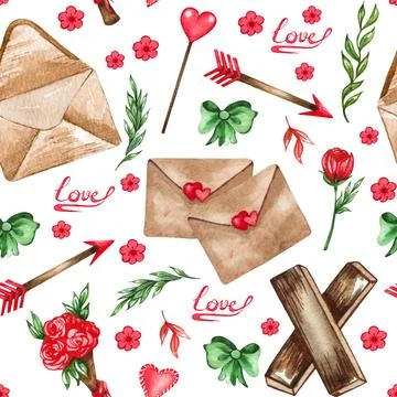 Watercolor seamless pattern of love elements, hearts, letters, arrow, bunt... Stock Photos