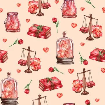 Watercolor seamless pattern of love elements, hearts, letters, arrow, bunt... Stock Photos