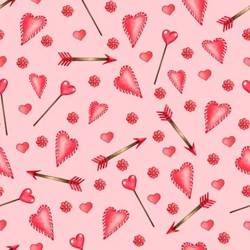 Watercolor seamless pattern of love elements, hearts, letters, arrow, bunt... Stock Photos