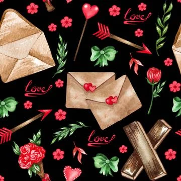 Watercolor seamless pattern of love elements, hearts, letters, arrow, bunt... Stock Photos
