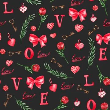 Watercolor seamless pattern of love elements, hearts, letters, arrow, bunt... Stock Photos