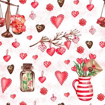 Watercolor seamless pattern of love elements, hearts, letters, arrow, bunt... Stock Photos