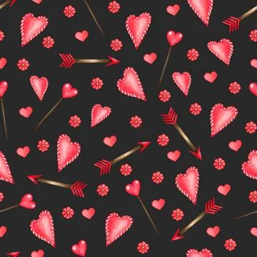 Watercolor seamless pattern of love elements, hearts, letters, arrow, bunt... Stock Photos