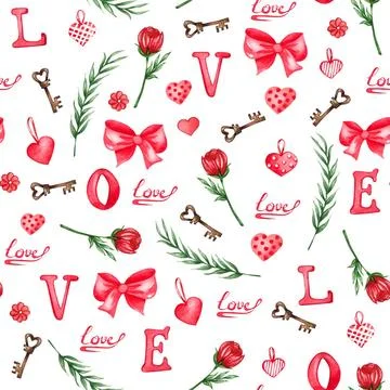 Watercolor seamless pattern of love elements, hearts, letters, arrow, bunt... Foto stock