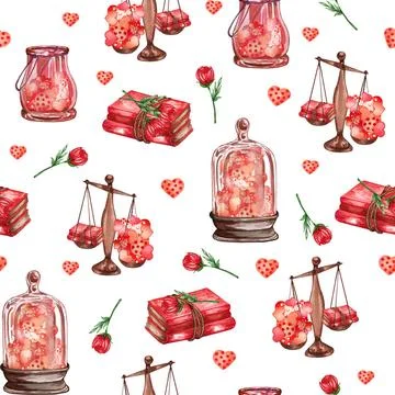 Watercolor seamless pattern of love elements, hearts, letters, arrow, bunt... Stock Photos