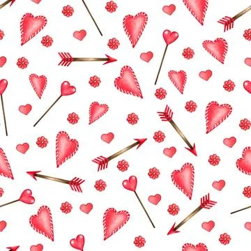 Watercolor seamless pattern of love elements, hearts, letters, arrow, bunt... Stock Photos