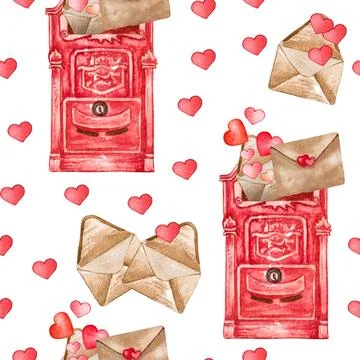 Watercolor seamless pattern of love elements, hearts, letters, arrow, bunt... Stock Photos