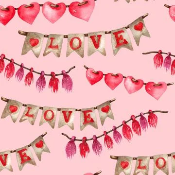 Watercolor seamless pattern of love elements, hearts, letters, arrow, bunt... Stock Photos