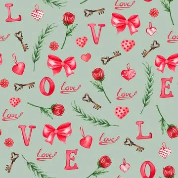 Watercolor seamless pattern of love elements, hearts, letters, arrow, bunt... Stock Photos