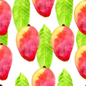 Watercolor seamless pattern with mango, tropical fruits Stock Illustration
