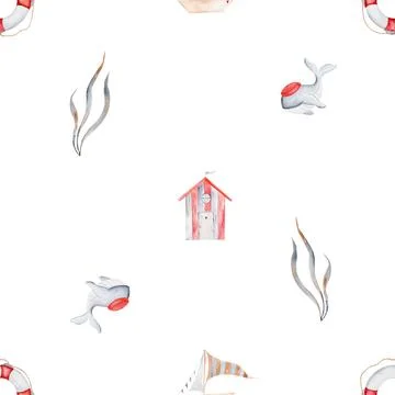 Watercolor seamless pattern marine theme. Repeating nautical texture with Stock Illustration