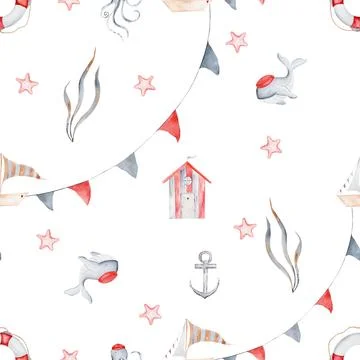 Watercolor seamless pattern marine theme. Repeating nautical texture with Stock Illustration